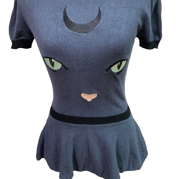 ModCloth X Collectif Women's Knit Sweater Size 2 Peplum Halloween Cat Embroidery - Picture 2 of 6